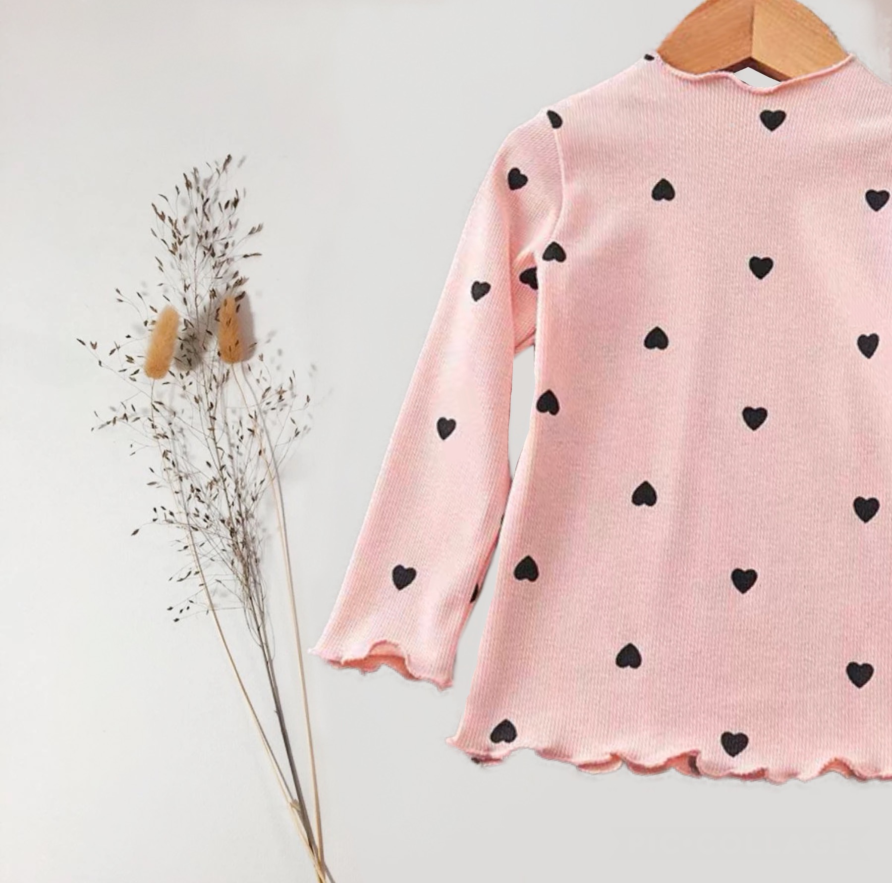 RIB BLOUSE WITH HEART PRINT FOR GIRLS - PINK